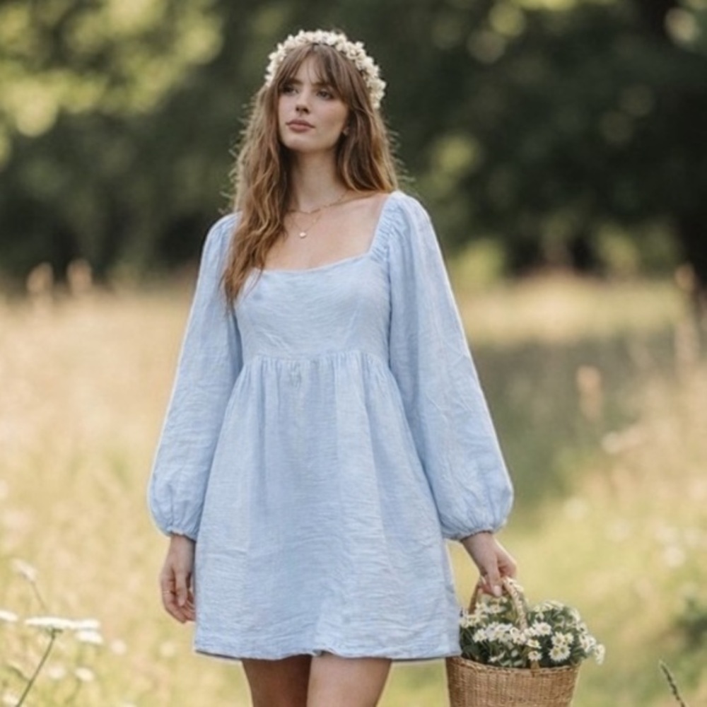 J Crew Light Blue Gauze Square Neck Balloon Sleeve Dress S Boho Cottagecore NWT
